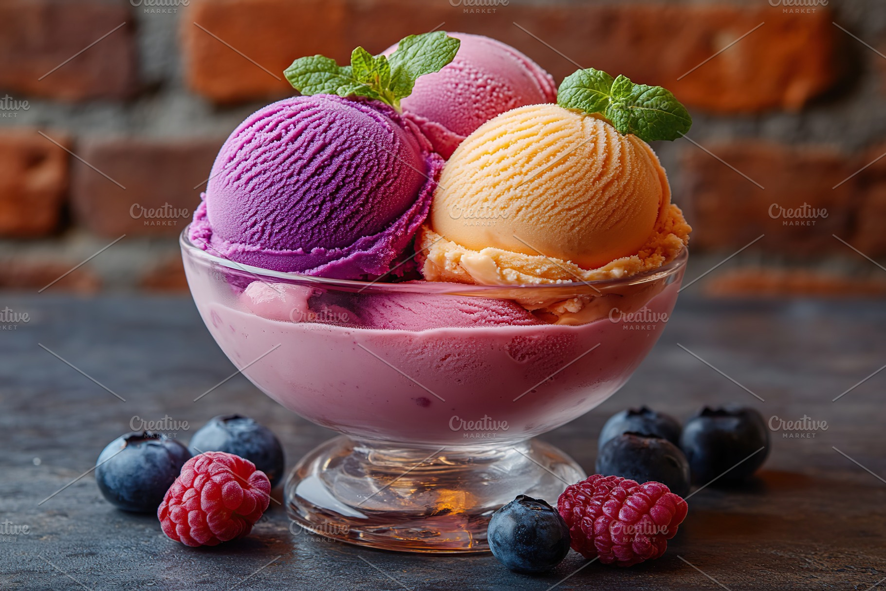 Vibrant scoops of colorful ice cream are served in a bowl, garnished with berri, a Food & Drink Photo by AlyaAnd