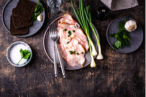 Sliced boiled smoked pork or ham, a Food & Drink Photo by Yulia Furman