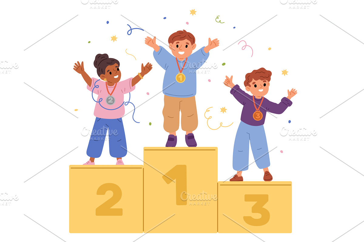 Little boys and girl stand on podium, a Person Illustration by Vectorbuum