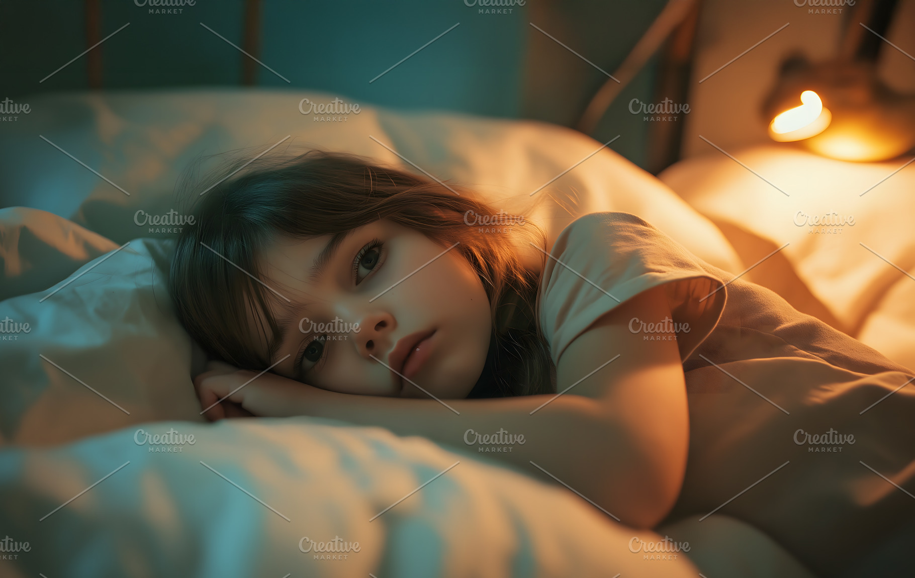 Sad little baby girl is lying in bed at home or hospital, a Person Photo by Lenor4ik