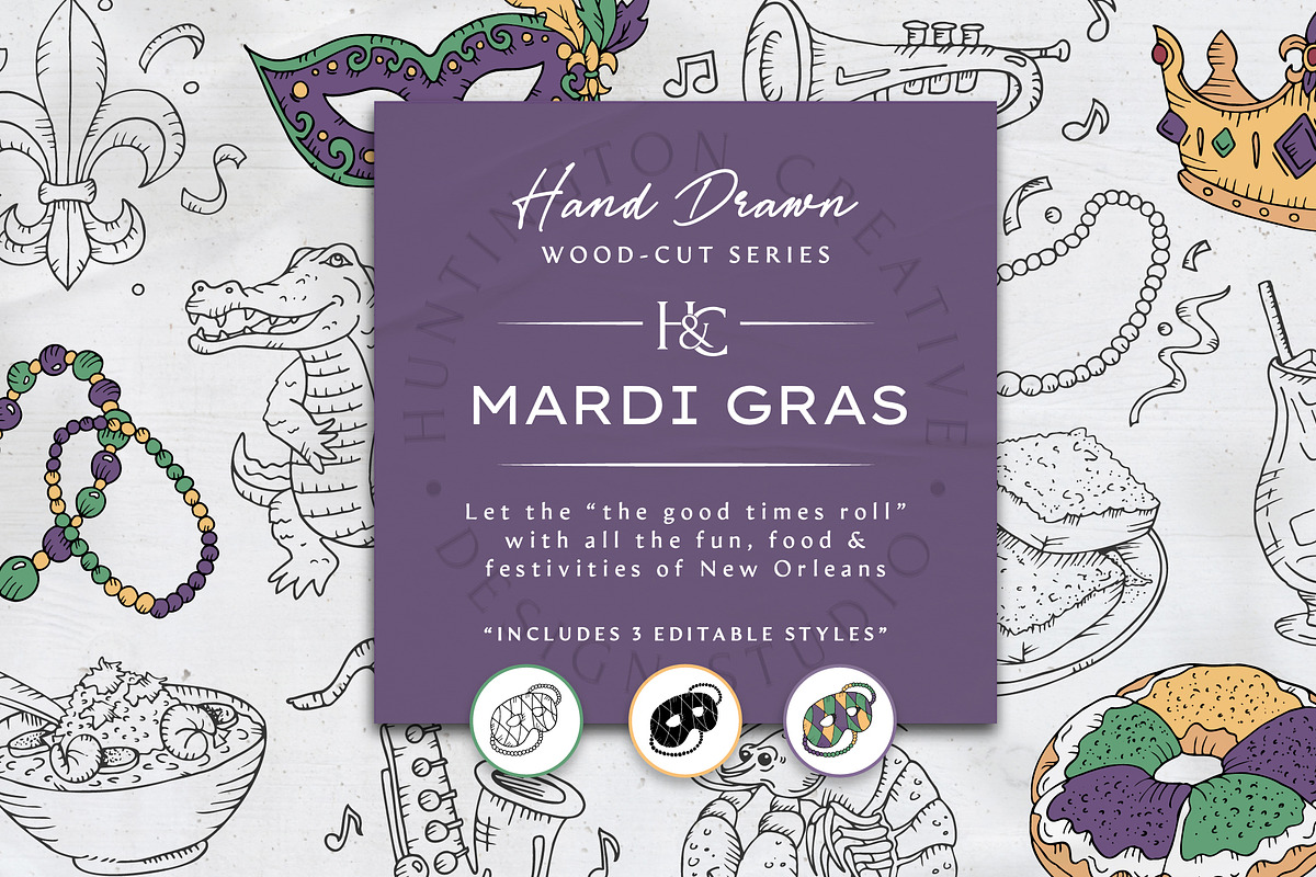 Hand Drawn Mardi Gras Images, a Seasonal Illustration by H&C Drawings & Designs (Photo 1 of 15)