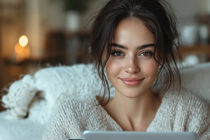 A young Caucasian woman with warm brown eyes smiling softly while sitting on a, a Person Photo by ImageMir