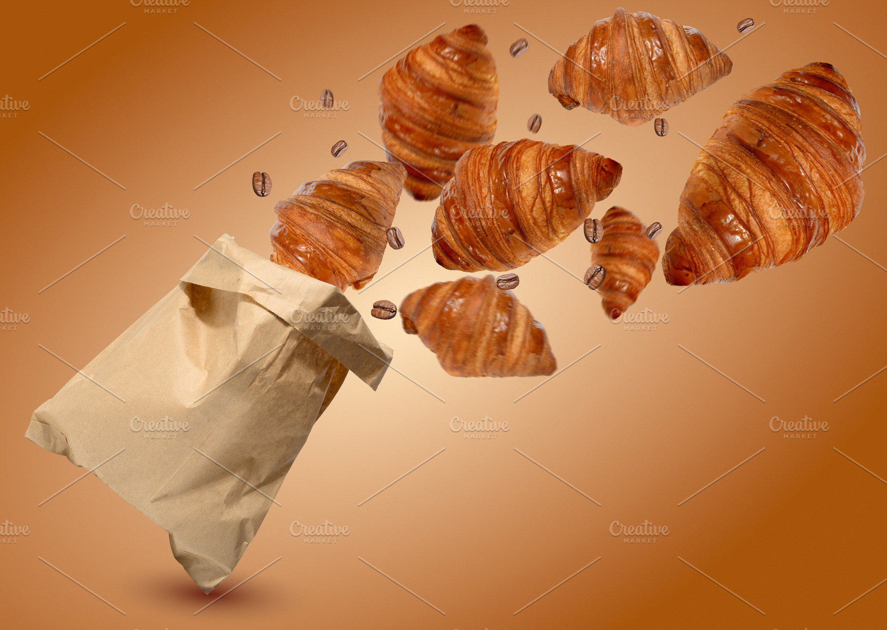Fresh golden croissants and coffee beans fly out of a craft pape, a Food & Drink Photo by ndanko