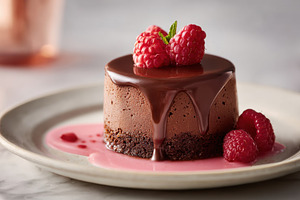 Decadent chocolate mousse cake with raspberries, a Food & Drink Photo by AlyaAnd