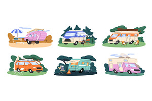 Vintage campers, vans set + stickers, a Transportation Illustration by PaperTrident