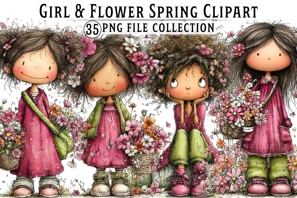 Girl & Flower Spring Clipart, an Illustration by Dream Creation (Photo 1 of 7)
