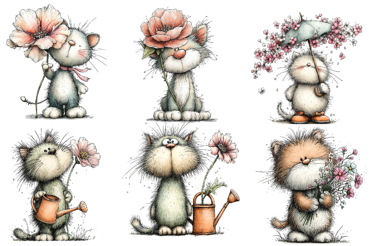 whimsical spring cat clipart, an Illustration by Designworld (Photo 2 of 3)