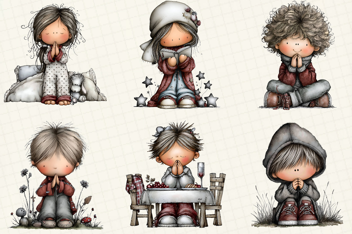Praying Kids Clipart Bundle, an Illustration by DreamCafeArt (Photo 3 of 8)