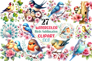 Spring Birds Sublimation Clipart, an Illustration by DreamCafeArt