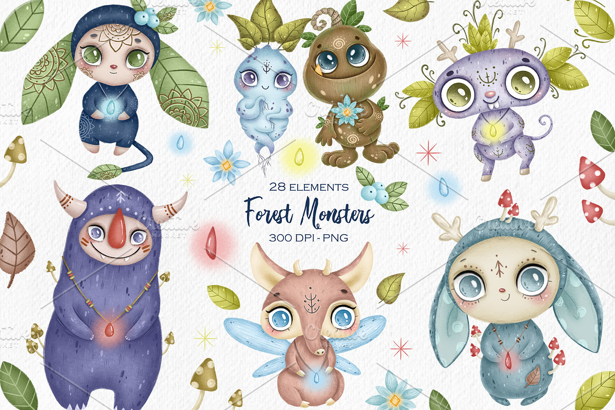 Forest Monsters Clipart, an Illustration by BonbonnyDesigns (Photo 1 of 4)