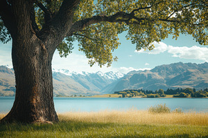 Majestic tree by the serene lake wit, a Photo by Tanuart