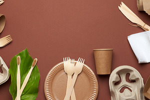 Set of disposable biodegradable tableware and hygiene products o, a Food & Drink Photo by ndanko