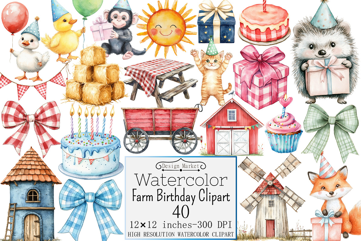Watercolor Farm Birthday Clipart, a Seasonal Illustration by Design Market (Photo 1 of 4)