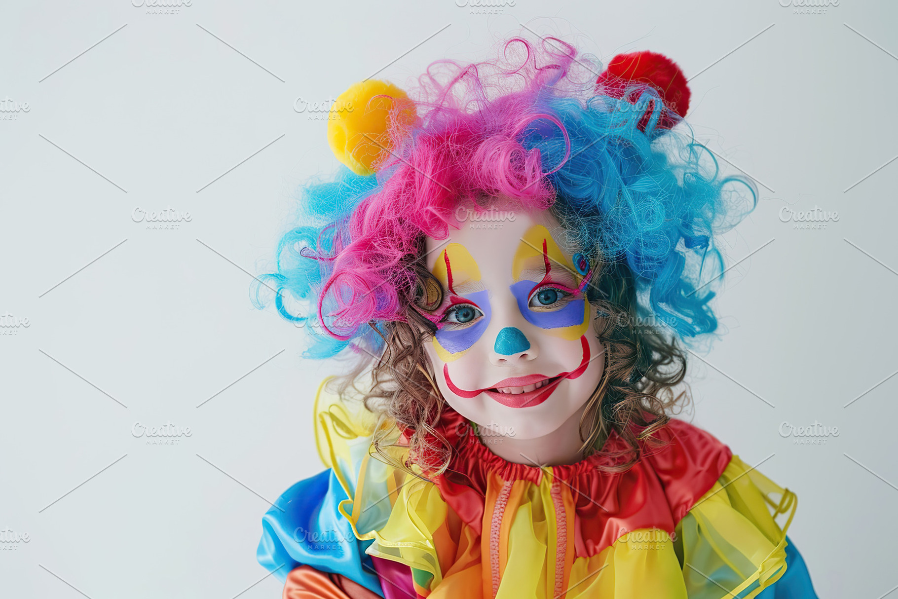 Child girl is dressed up in clown costume with colorful wig, a Person Photo by AlyaAnd