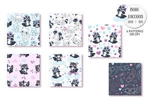 Cute Raccoon Seamless Patterns Set