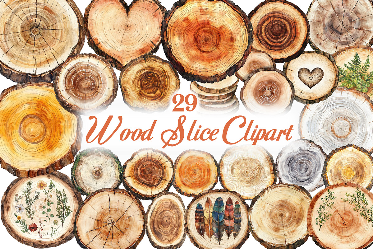 Watercolor Wood Slice Clipart, an Illustration by Libby Wishes (Photo 1 of 6)