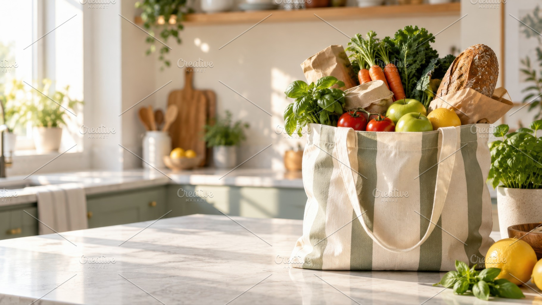 Grocery bag on kitchen countertop, a Photo by Beautiful things