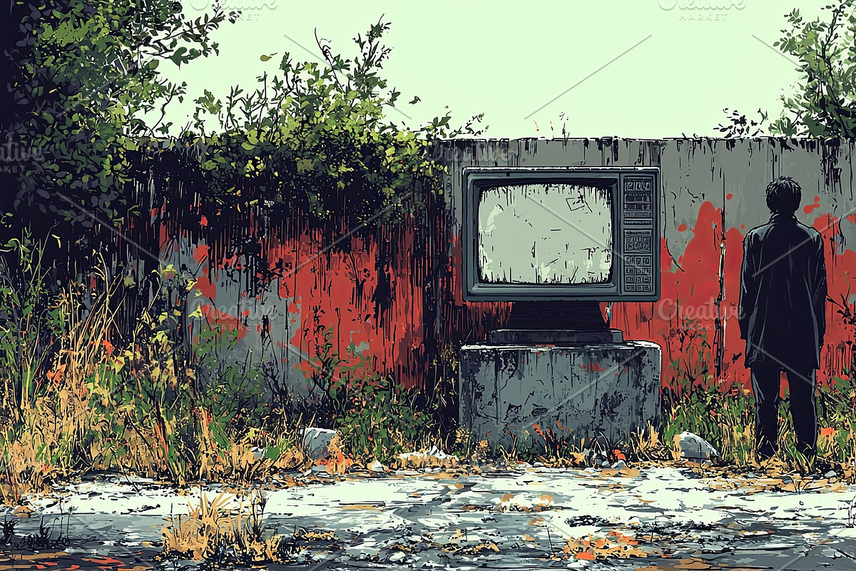 Man standing alone in overgrown area with vintage television set, an Illustration by AS photostudio