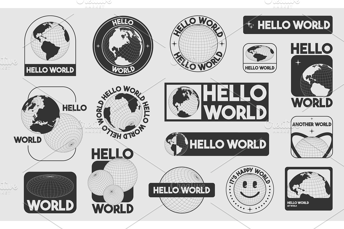 Y2k globe stickers with Hello World, an Illustration by art PVP - market