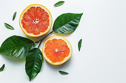 Fresh and tasty grapefruits with green leaves on white background, a Food & Drink Photo by AlyaAnd