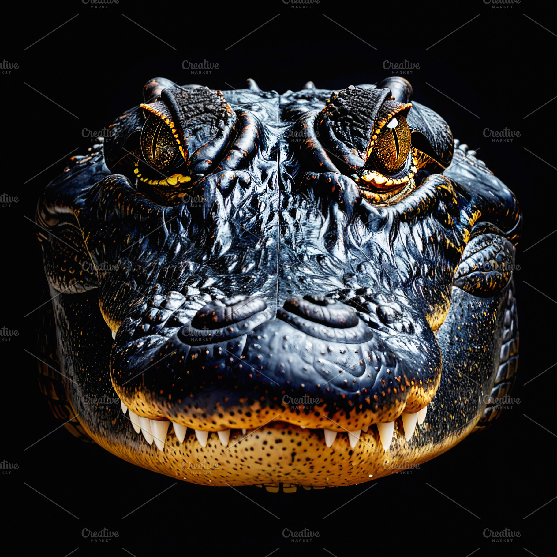 Crocodile head close up portrait with glowing yellow eyes, an Animal Photo by GoodGoods