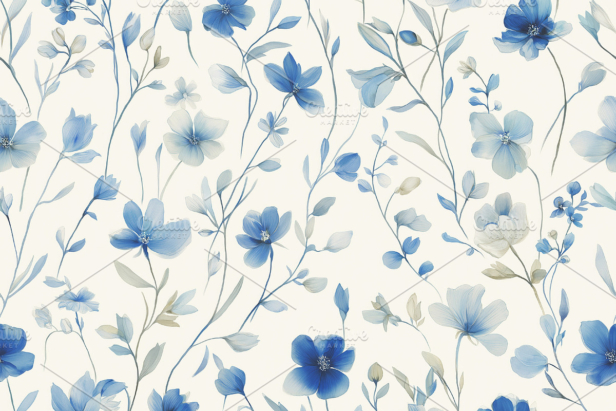 Seamless pattern delicate blue watercolor flowers creating a sea, a Pattern Graphic by Studio ANNA