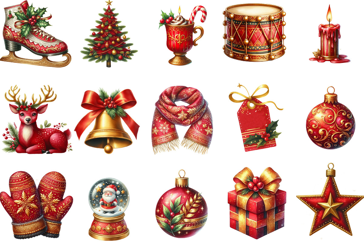 Red Gold Christmas Clipart Bundle, an Illustration by Designking (Photo 3 of 5)