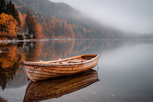 Wooden boat on calm lake autumn fog, a Photo by Pixeness Studio