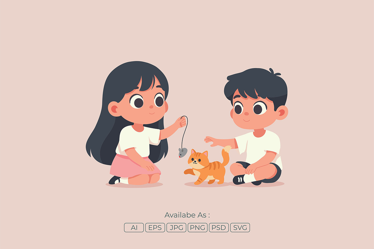 Boy and Girl Playing with Kitten, an Animal Illustration by Partikusi Design (Photo 2 of 3)