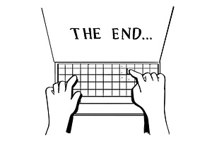 Hand Typing on Computer The End, an Illustration by patrimonio