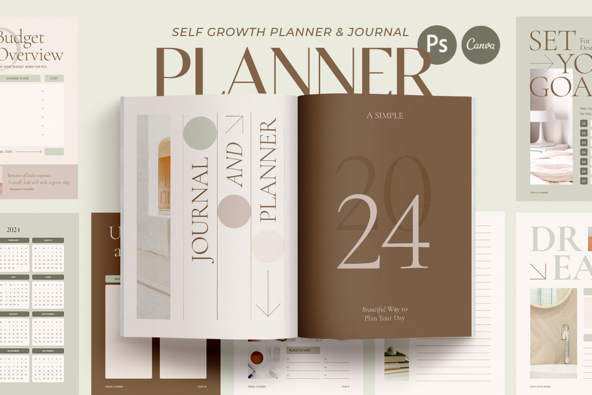 Planner 2024 Self-Growth CANVA PS, a Magazine Template by Eviory (Photo 1 of 27)