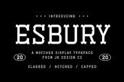 Esbury - A Notched Display Font, a Font by JK Design Co. (Thumbnail 1 of 11)