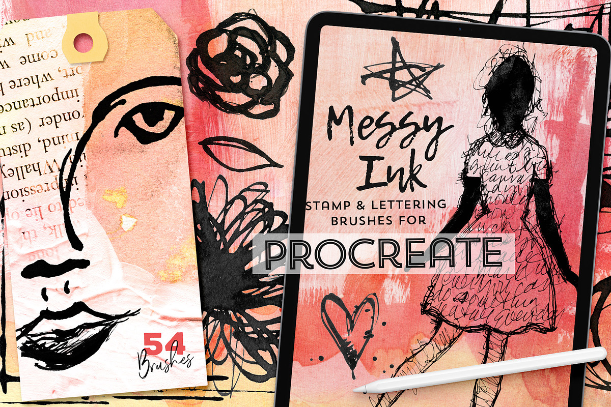 Messy Ink Brushes for Procreate, a Brush Add-On by Studio Kitsch (Photo 1 of 5)