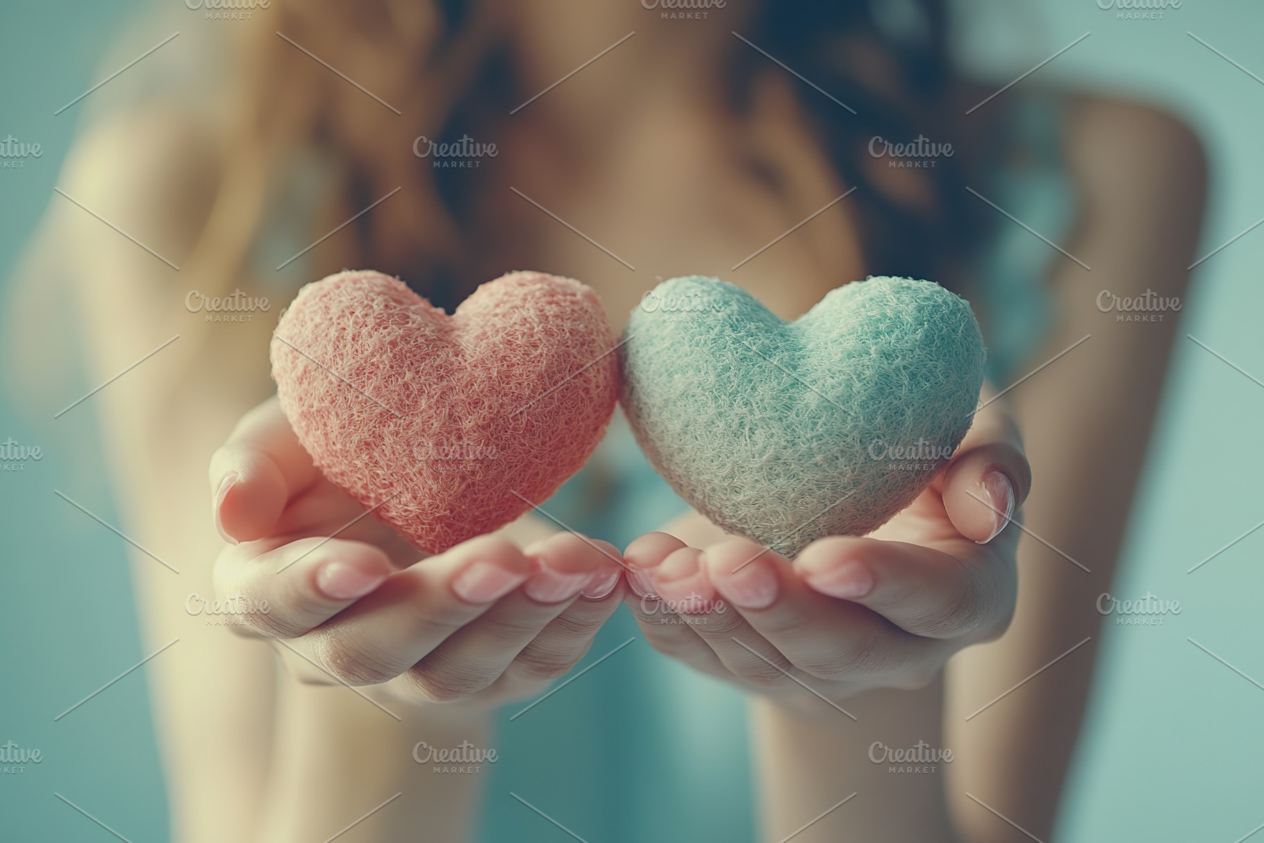 Happy young woman holds in hands love hearts, a Photo by AlyaAnd