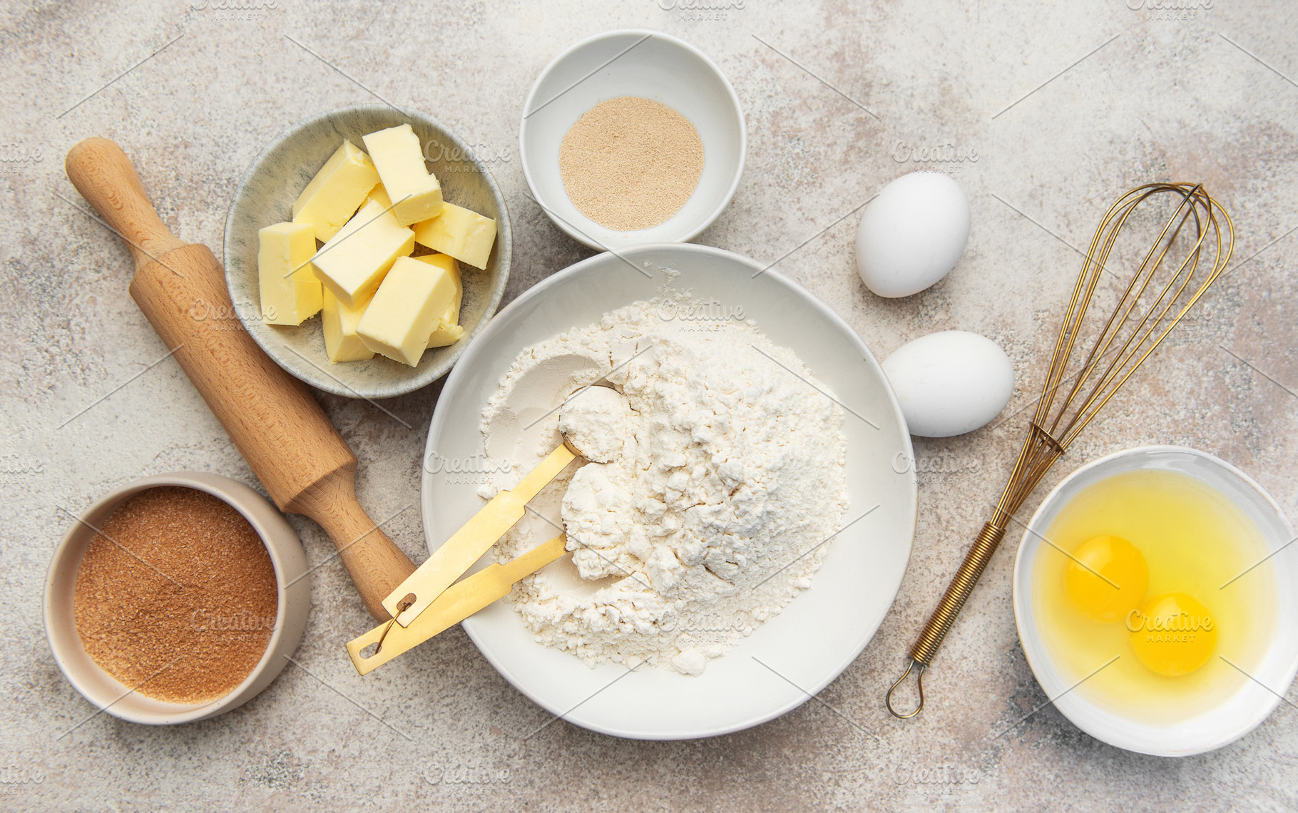 Baking ingredients flat lay preparing homemade pastry dough, a Food & Drink Photo by Olena Rudo