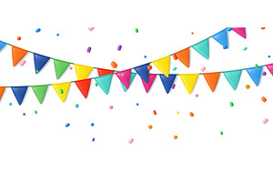 3D triangle flag party with confetti, an Object Illustration by ModVector