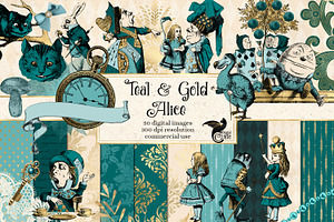 Teal and Gold Alice in Wonderland, an Illustration by Digital Curio