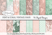 MINT & CORAL VINTAGE MAPS, an Illustration by Artfanaticus (Thumbnail 1 of 4)