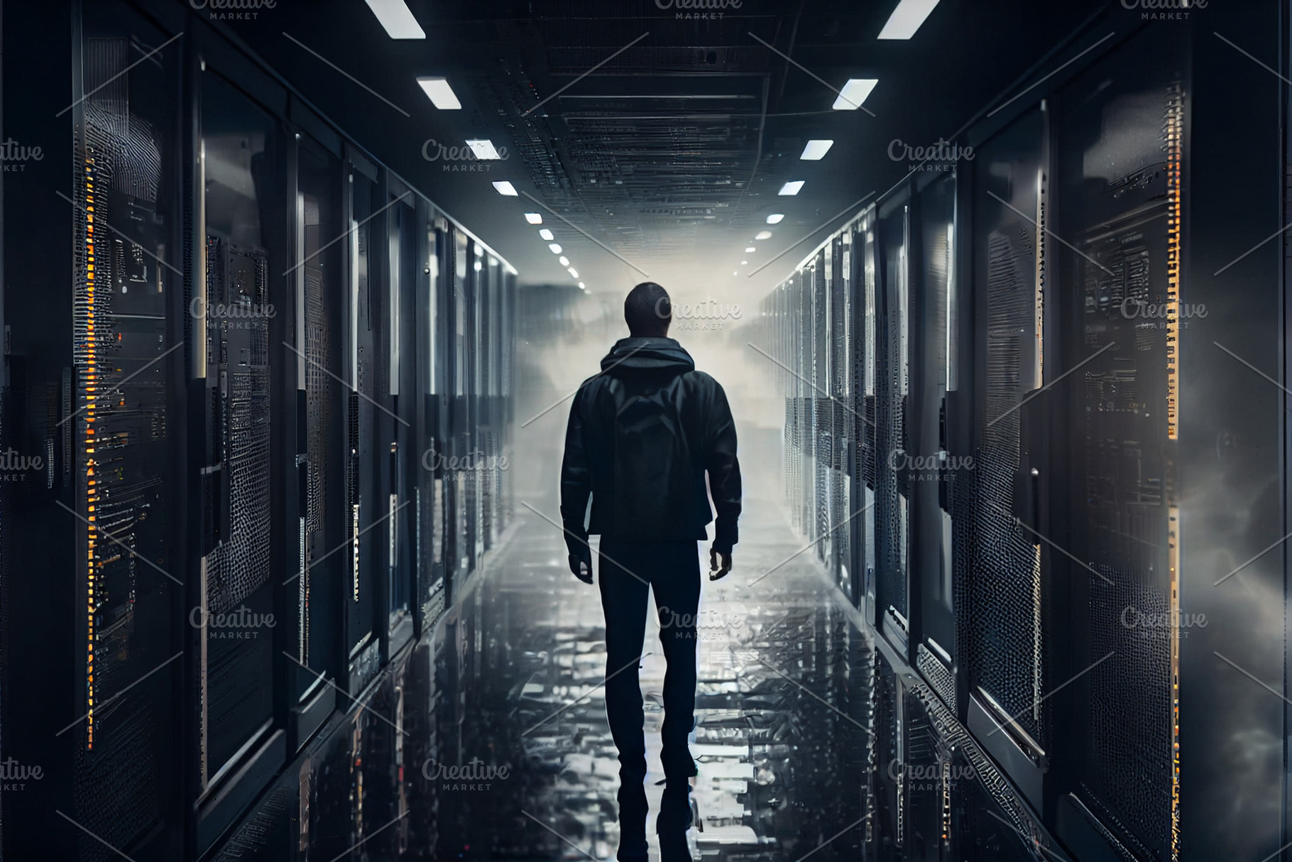 Cloud service engineer standing in front of a digital technology data center in, a Technology Photo by Olyryk & Aglo