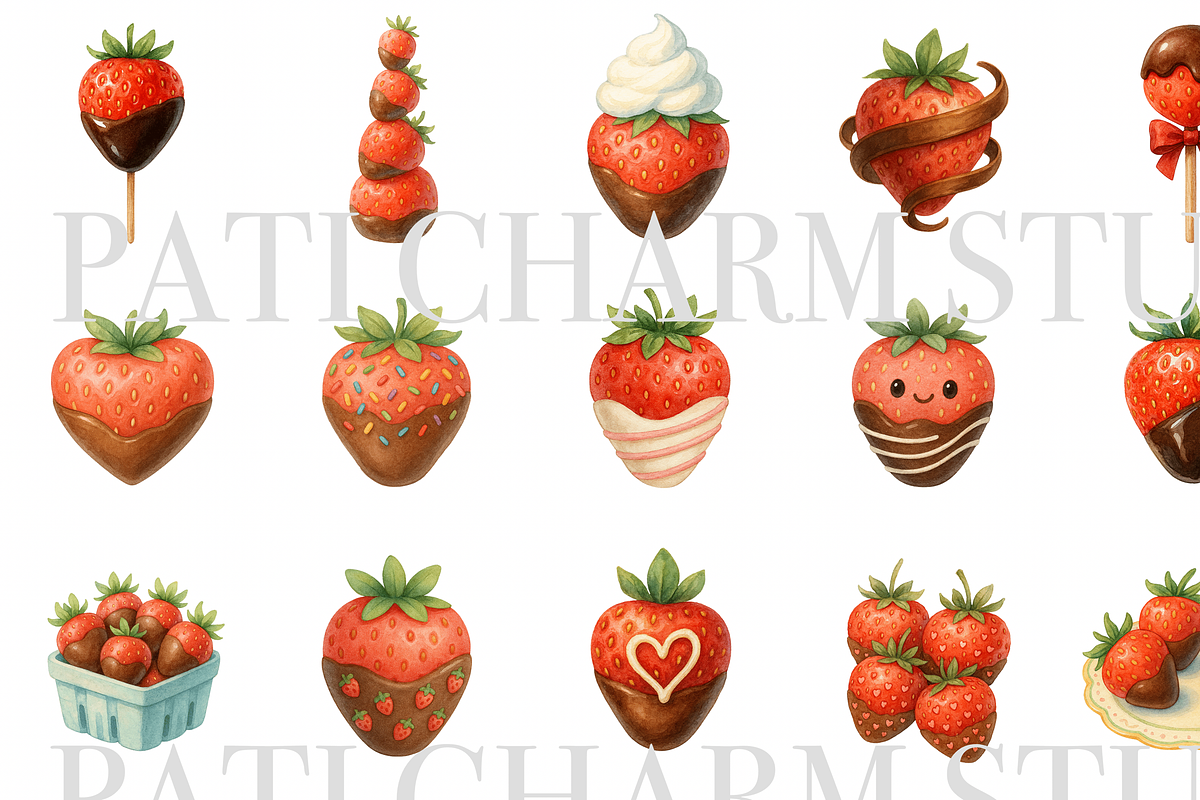 18 Strawberry Chocolate Clipart, a Decorative Illustration by Pati Charm Studio (Photo 2 of 7)