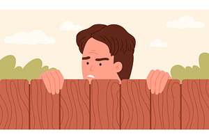 Envious Neighbor Peeking Over Fence, a Person Illustration by Flashvector