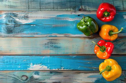 Ripe colorful peppers on wooden table, a Food & Drink Photo by AlyaAnd