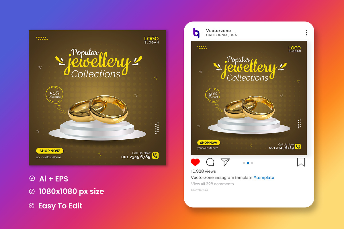 Jewelry social media Instagram post, a Social Media Template by Vectorzone (Photo 2 of 3)