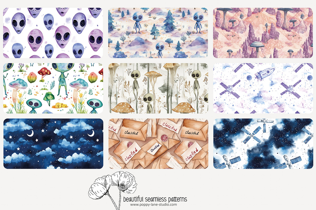 80 watercolour UFO seamless pattern, a Pattern Graphic by Poppy Lane Studio (Photo 2 of 11)