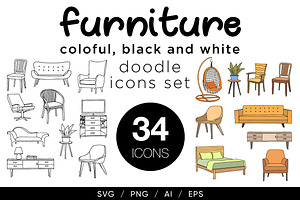 Furniture doodle illustrations set