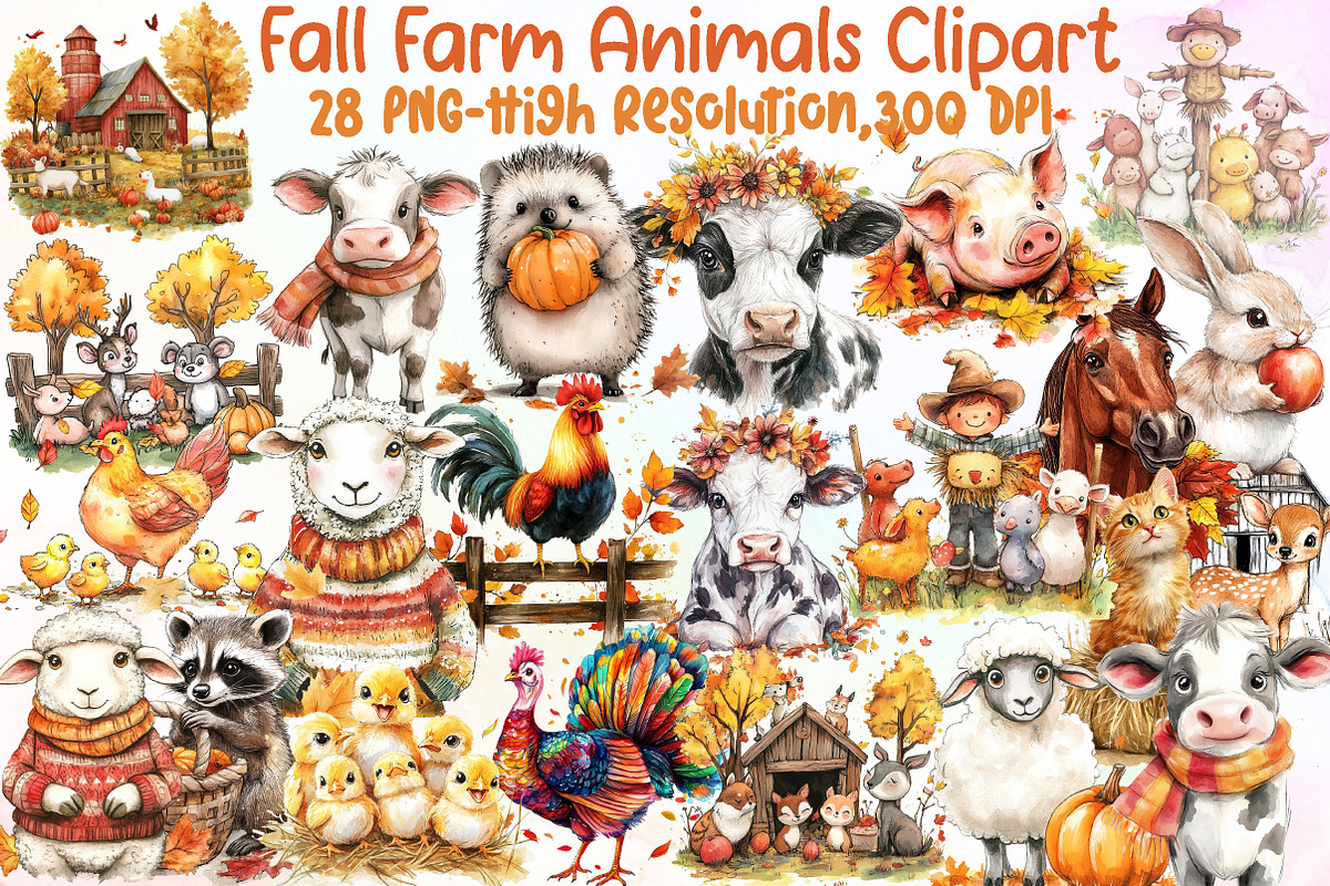 Fall Watercolor Farm Animals Clipart, an Illustration by Sublimation Artist (Photo 1 of 6)