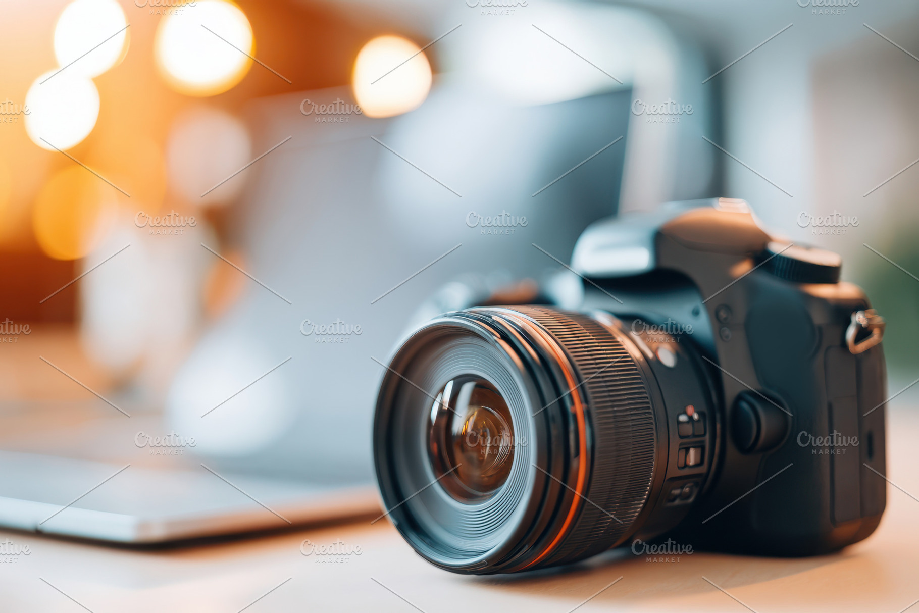 Professional camera on a wooden table, a Technology Photo by AlyaAnd
