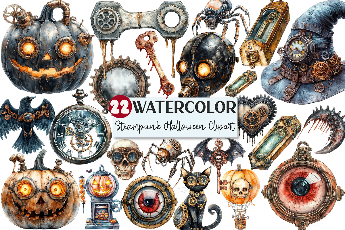 Watercolor Steampunk Halloween Clipa, an Illustration by Rose Art (Photo 1 of 4)
