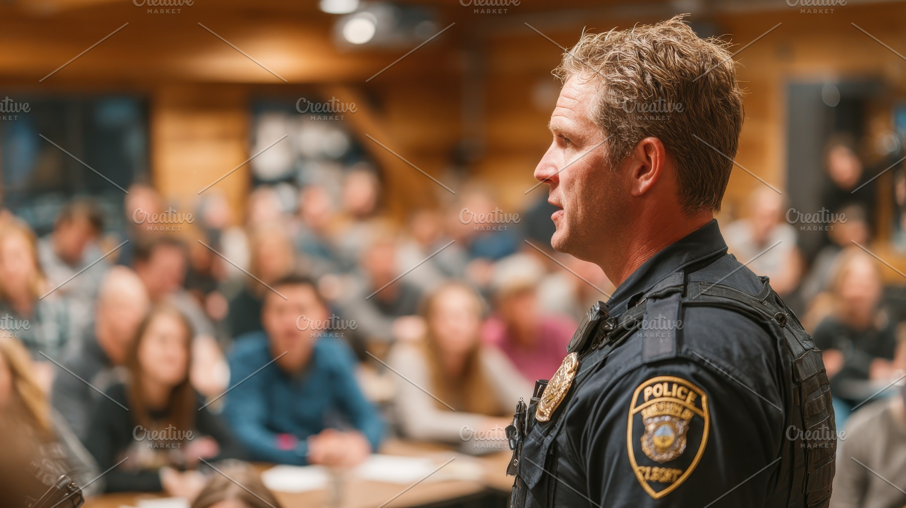 Police officer addressing a large au, a Photo by Pixeness Studio