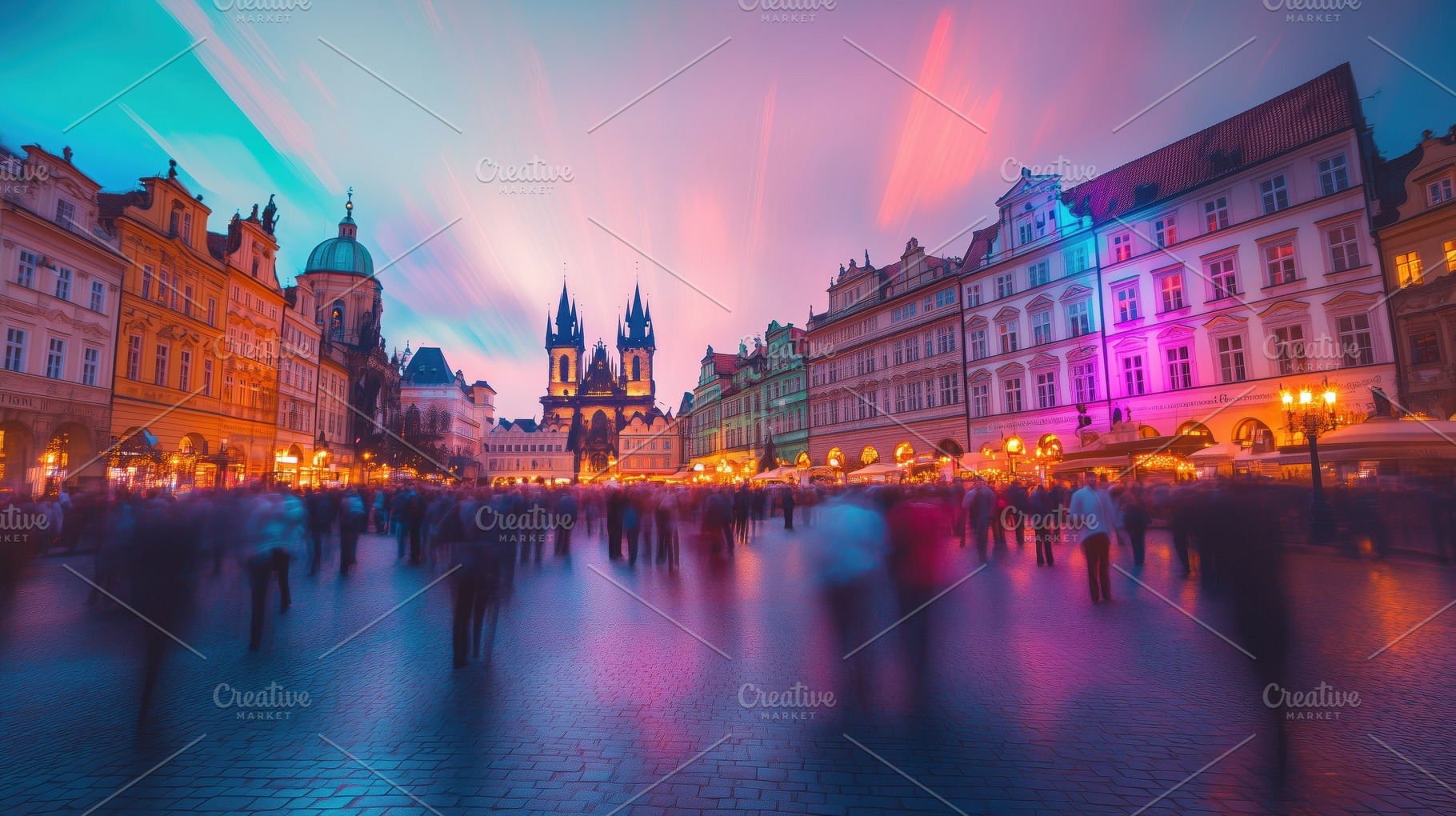 A vibrant twilight scene in a historic square, featuring gothic ...